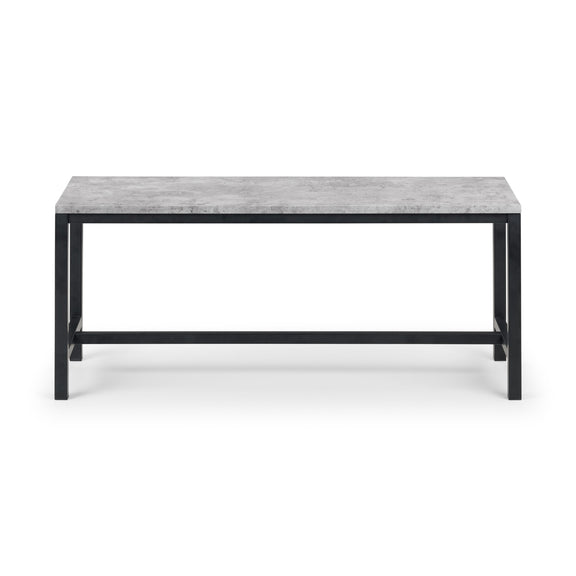 Coffee table with marble top and black metal frame on a white background