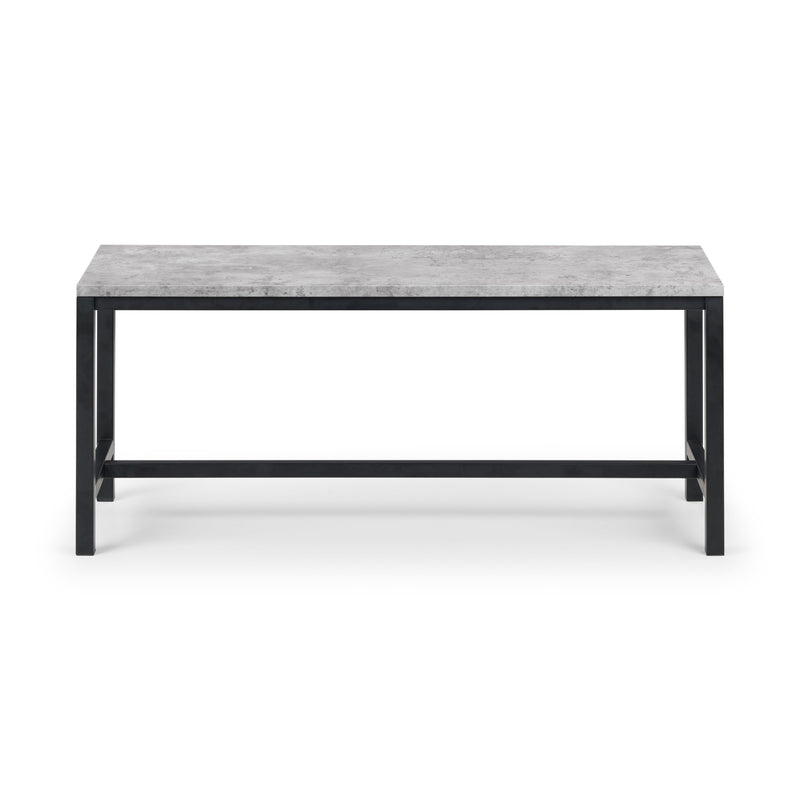 Coffee table with marble top and black metal frame on a white background