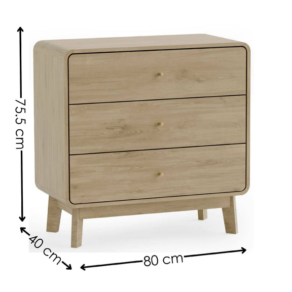 Wooden dresser with dimensions labeled on a white background