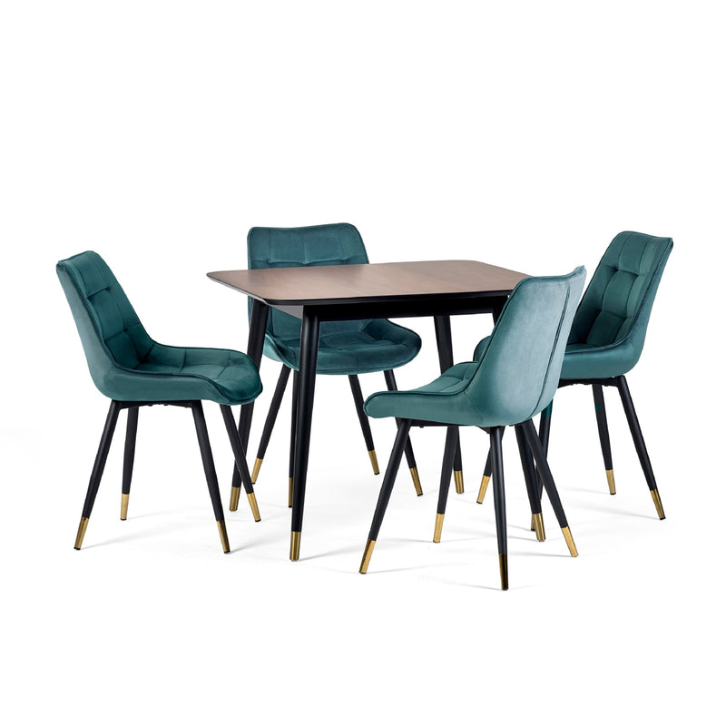 Dining table set with four teal chairs on a white background