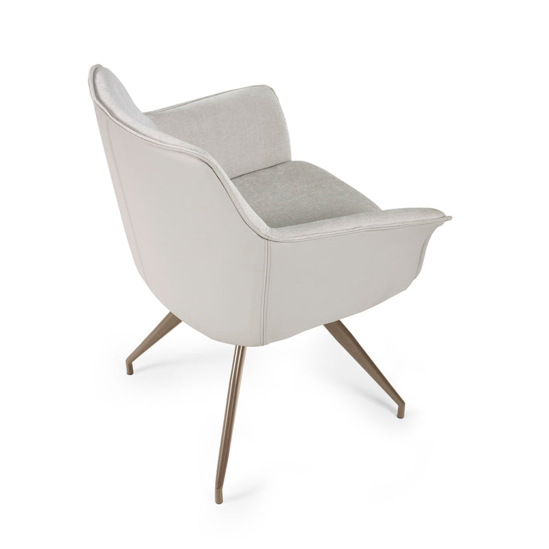 Modern chair with a curved backrest and metallic legs on a white background