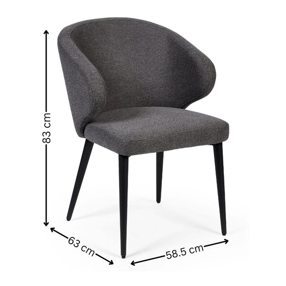 Gray upholstered chair with dimensions labeled on a white background