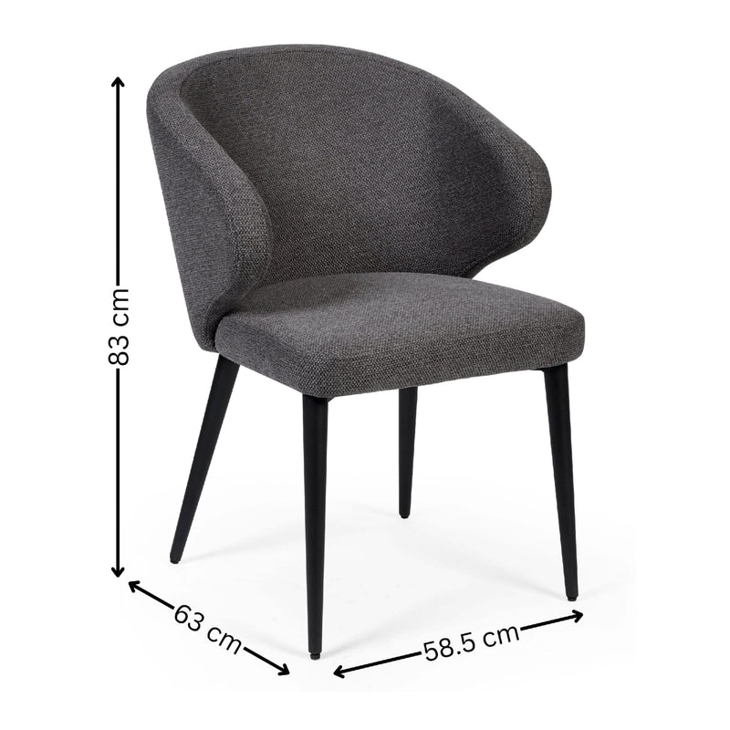 Gray upholstered chair with dimensions labeled on a white background