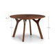 Wooden round table with dimensions labeled on a white background