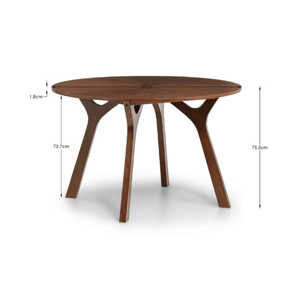 Wooden round table with dimensions labeled on a white background