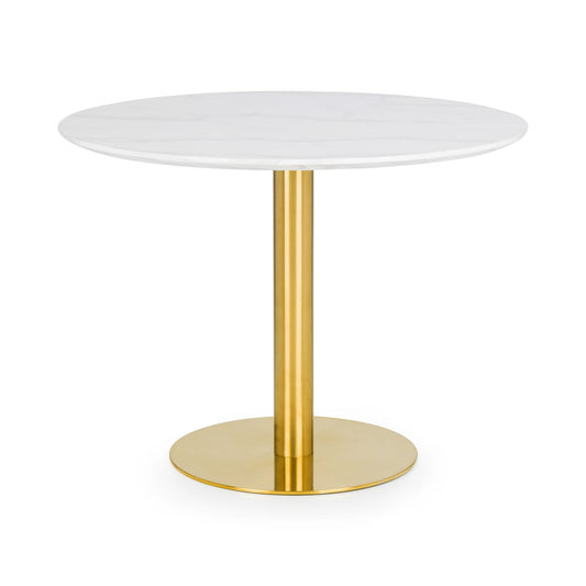 Round table with a white top and gold base on a white background