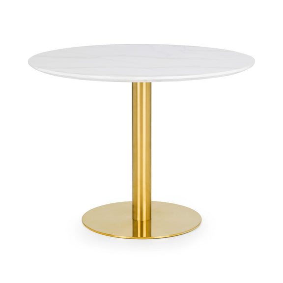 Round table with a white top and gold base on a white background