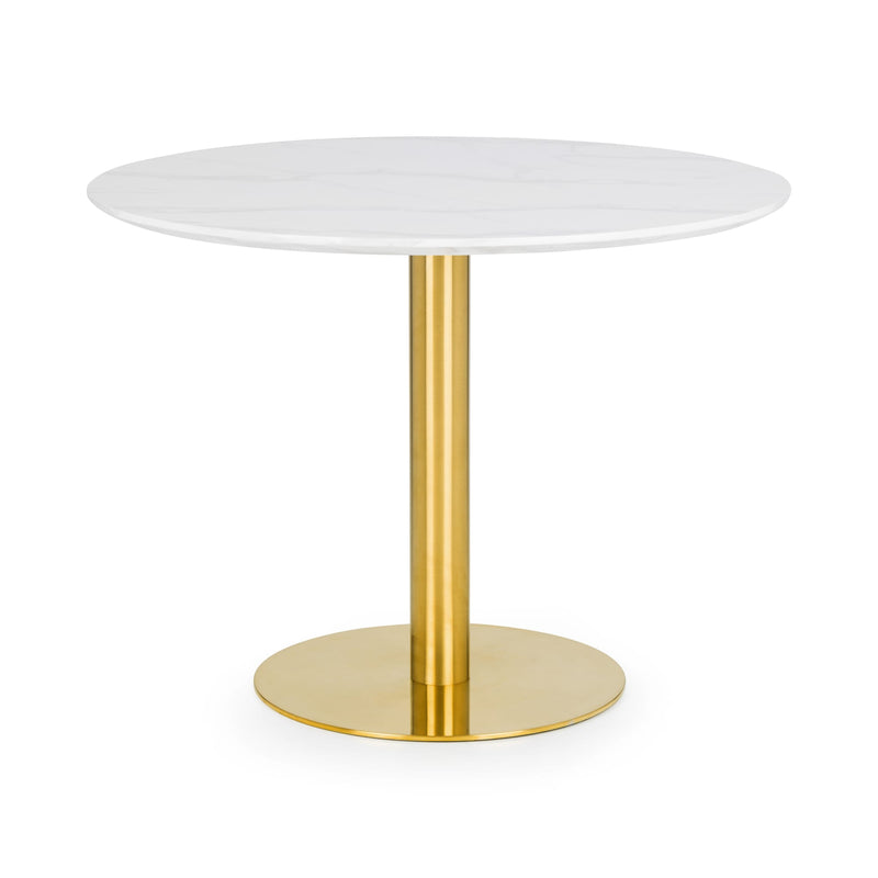 Round table with a white top and gold base on a white background
