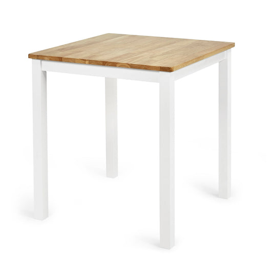 Square table with wooden top and white legs on a white background