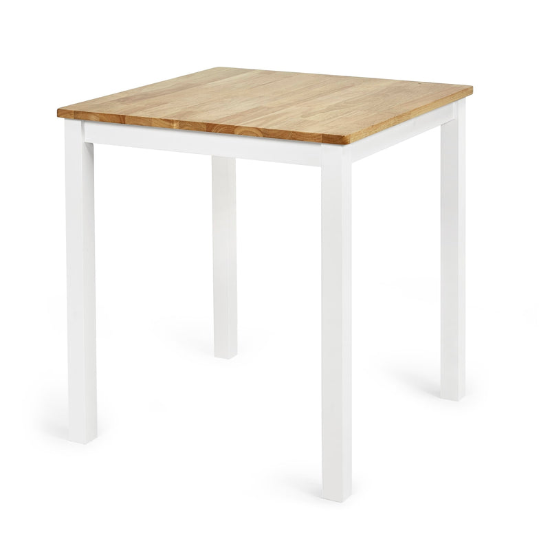Square table with wooden top and white legs on a white background