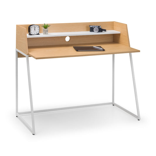Wooden desk with white metal legs on a white background