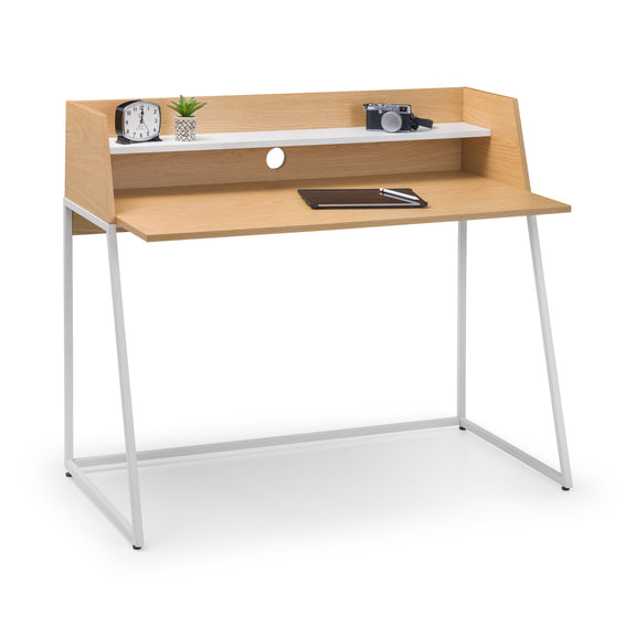 Wooden desk with white metal legs on a white background