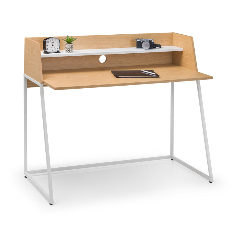 Wooden desk with white metal legs on a white background