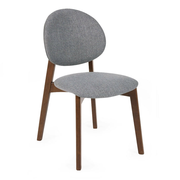 Gray upholstered chair with wooden legs on a white background