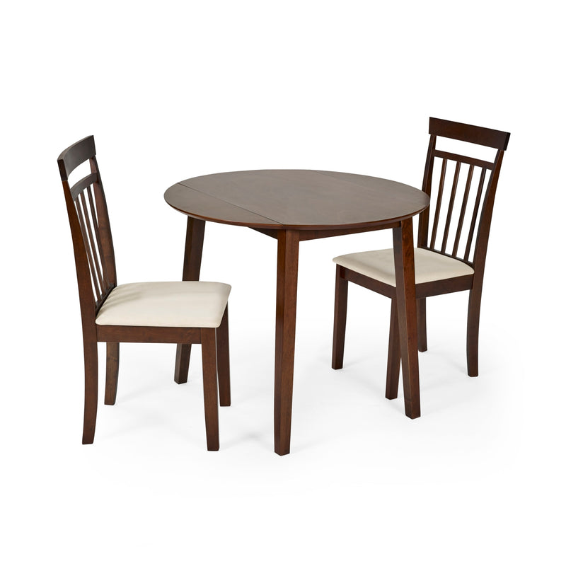 Round wooden table with four chairs on a white background