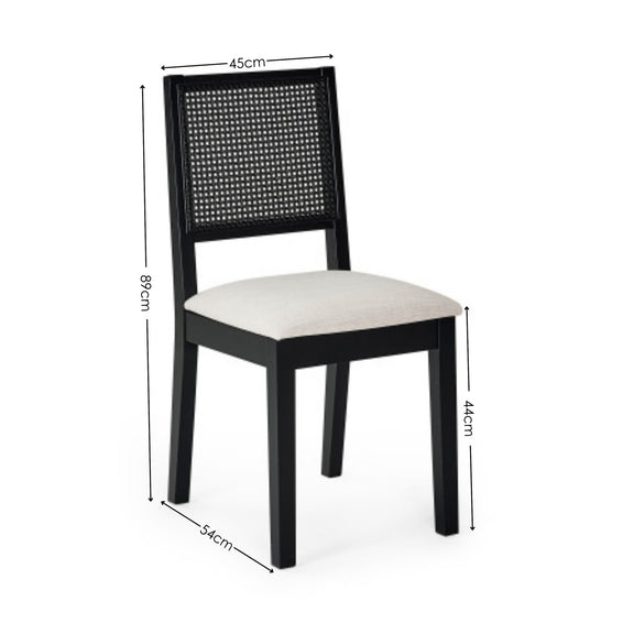 Black chair with white cushion and dimensions labeled on a white background