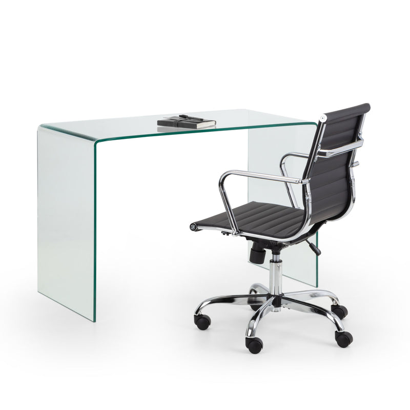 Glass office desk with a black office chair on a white background