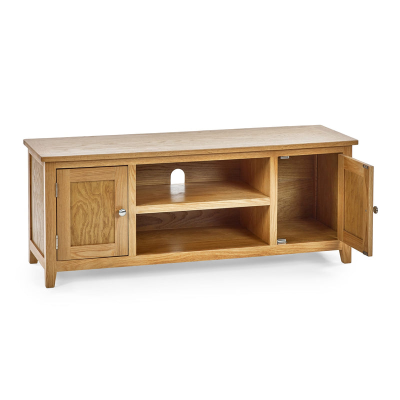 Wooden TV stand with open doors on a white background