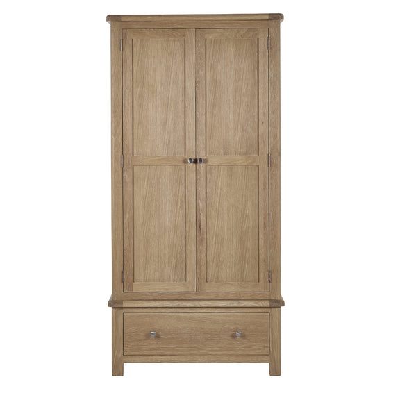 Wooden wardrobe with two doors and a drawer on a white background