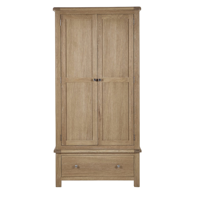 Wooden wardrobe with two doors and a drawer on a white background