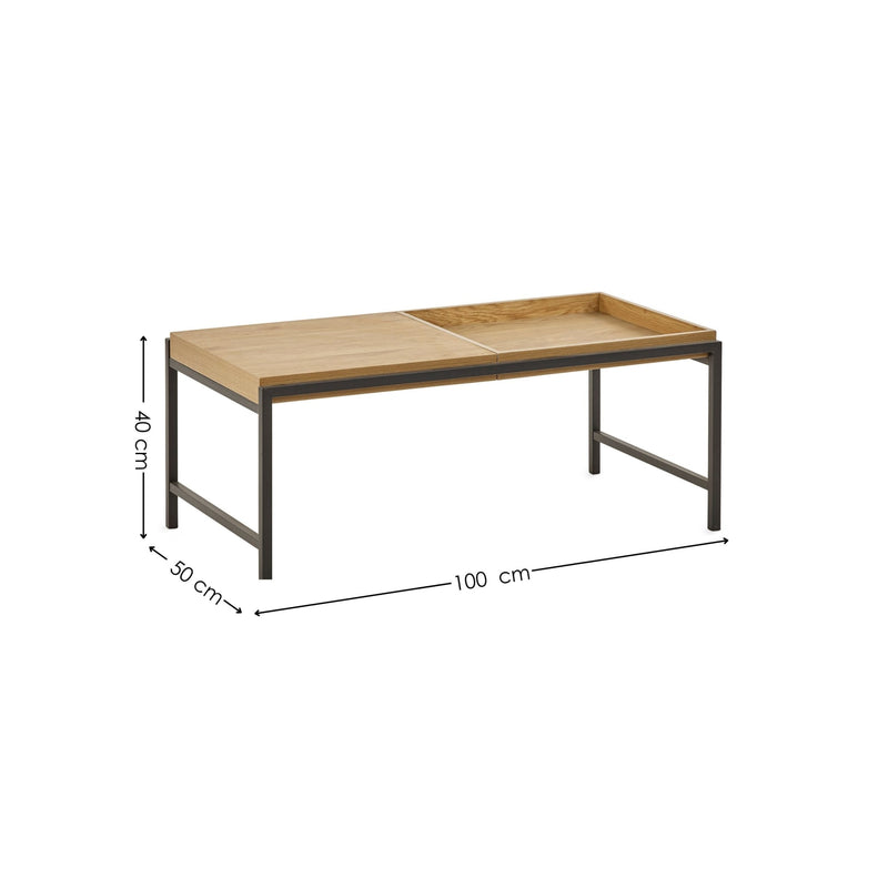 Wooden table with dimensions labeled on a white background