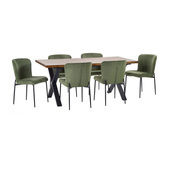 Dining table set with green chairs on a white background