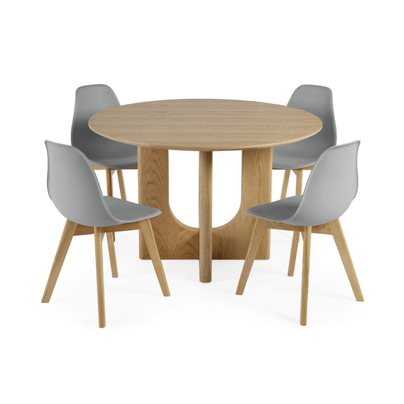 Round wooden table with four gray chairs on a white background