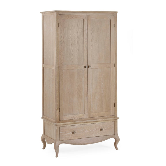 Wooden wardrobe with two doors and a drawer on a white background