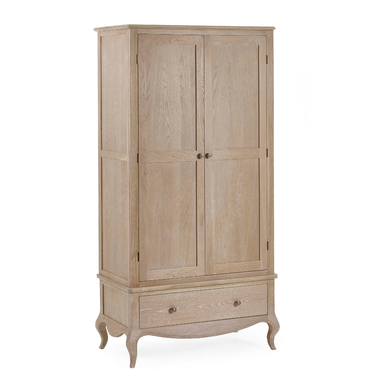 Wooden wardrobe with two doors and a drawer on a white background