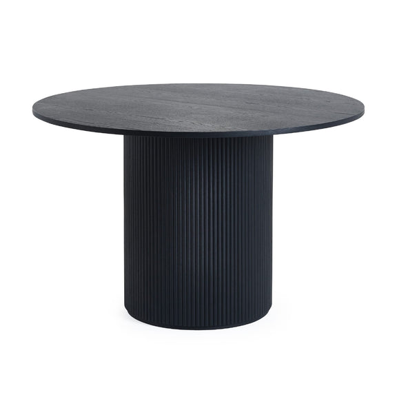 Round black table with ribbed cylindrical base on a white background