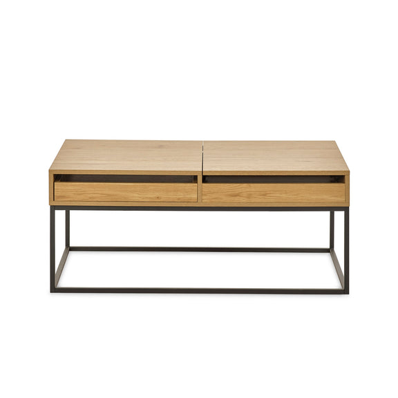 Wooden coffee table with metal legs on a white background