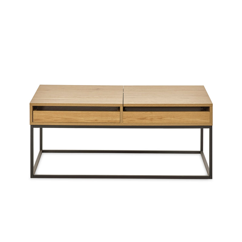 Wooden coffee table with metal legs on a white background