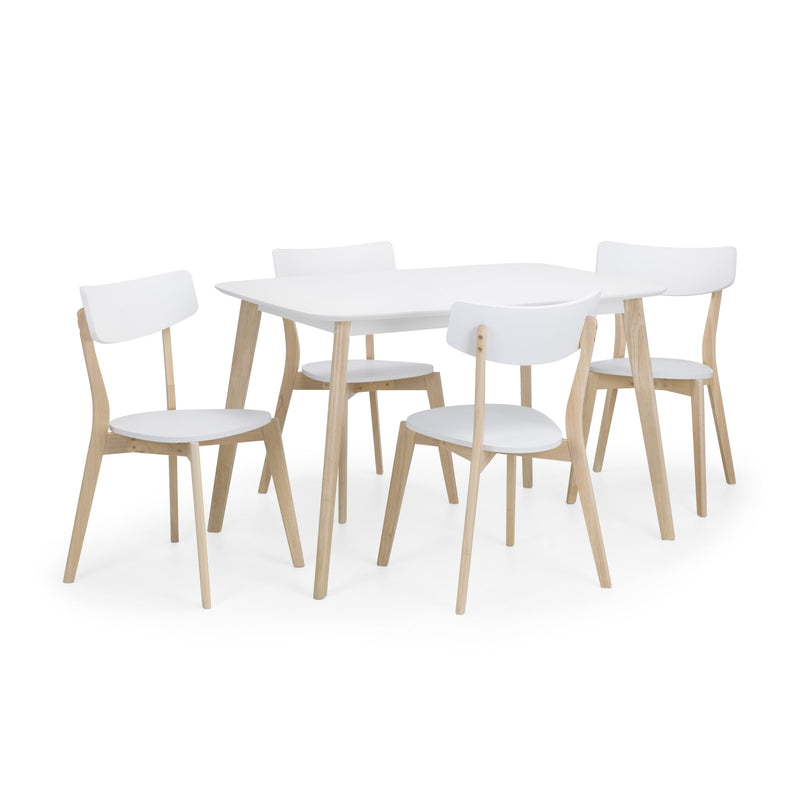 Dining table with four matching chairs on a white background