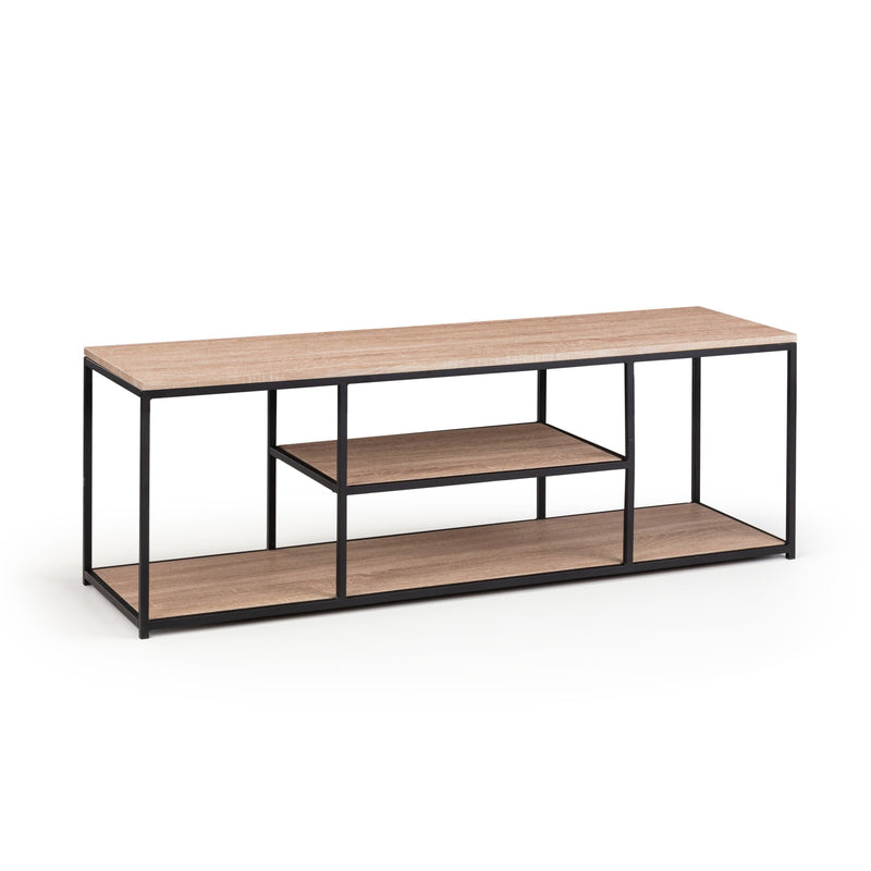 Wooden console table with black metal frame on a white background