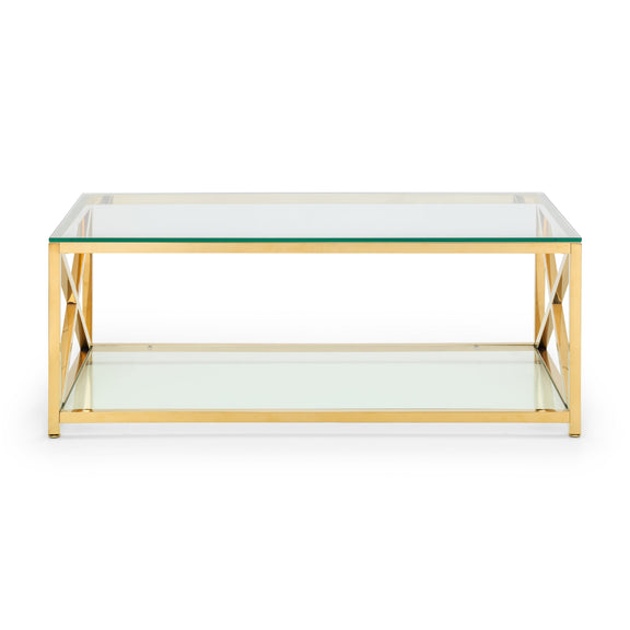 Glass coffee table with gold metal frame on a white background