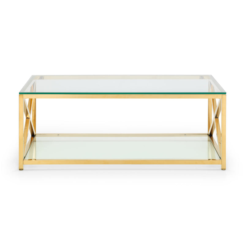 Glass coffee table with gold metal frame on a white background