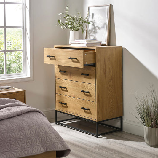 Wooden dresser with drawers in a bedroom setting