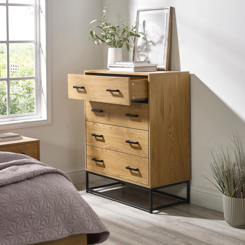 Wooden dresser with drawers in a bedroom setting
