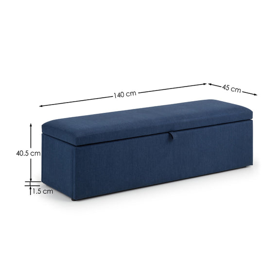 Navy blue storage bench with dimensions labeled on a white background