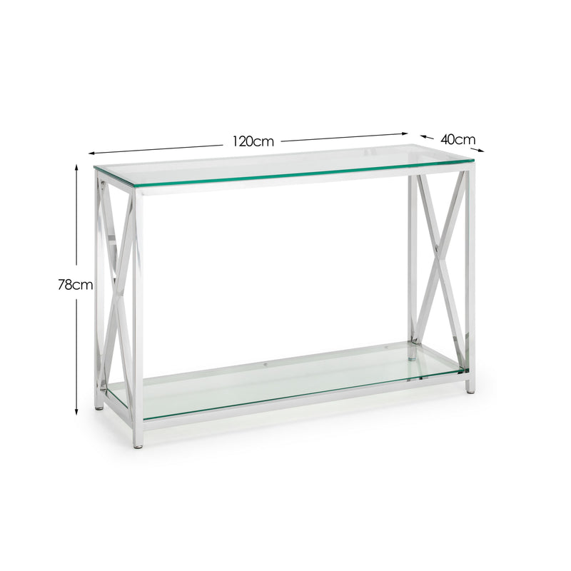 Glass console table with metal frame and dimensions on a white background