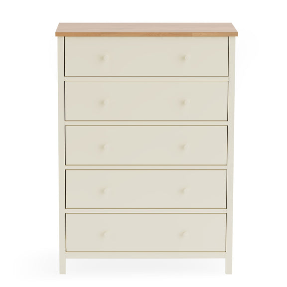 White dresser with four drawers and a wooden top on a white background