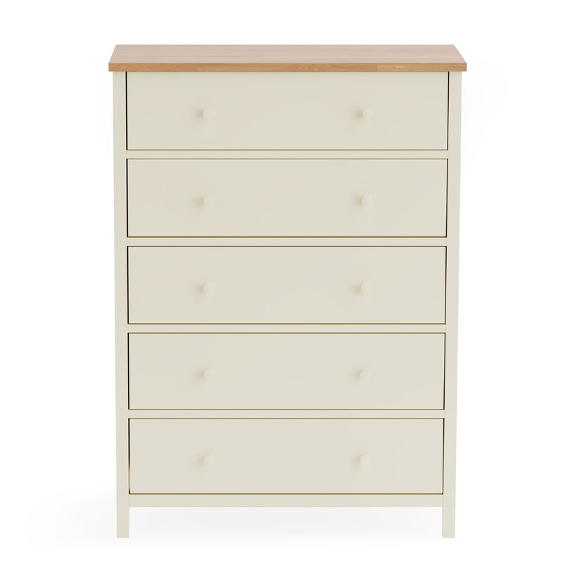 White dresser with four drawers and a wooden top on a white background