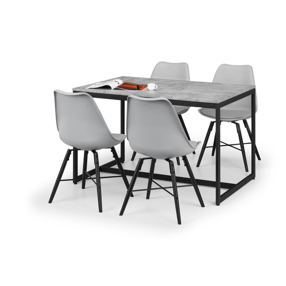 Dining table with four chairs on a white background