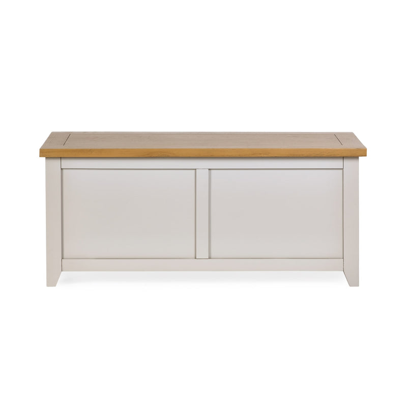 White storage bench with a wooden top on a white background