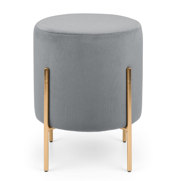 Gray upholstered stool with gold legs on a white background