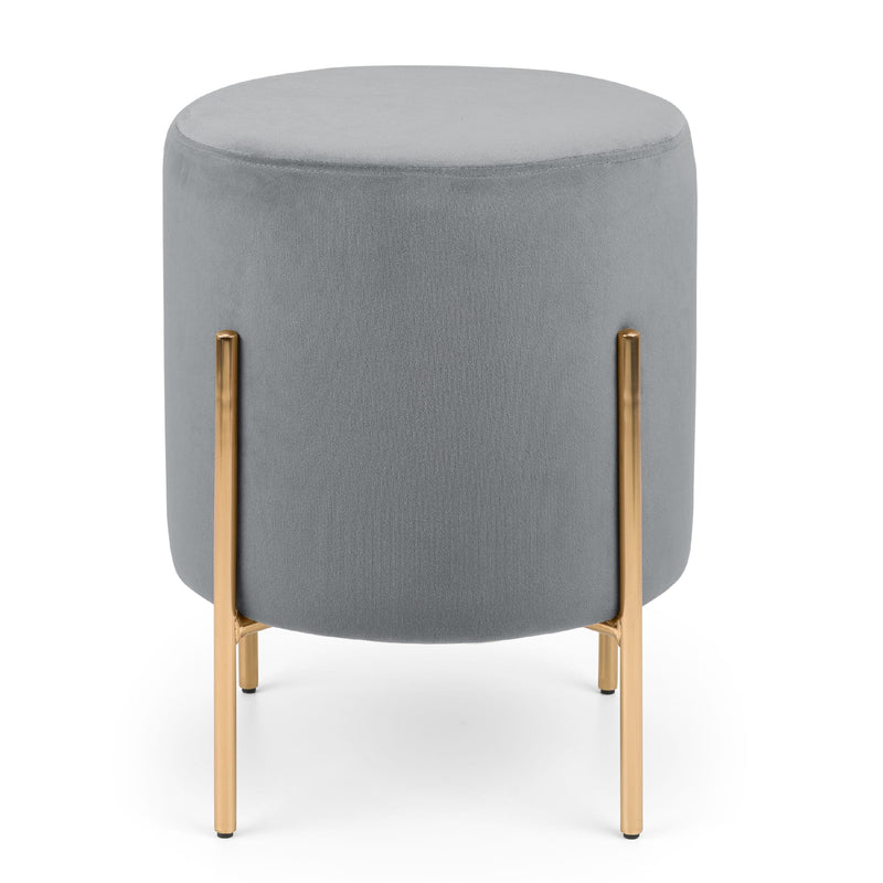 Gray upholstered stool with gold legs on a white background