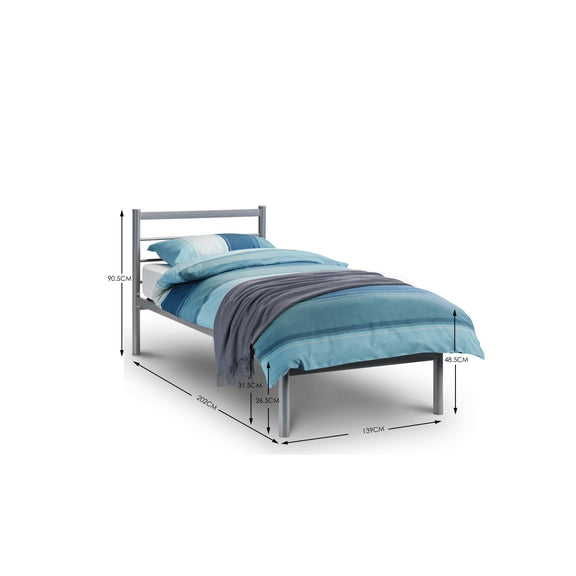 Bed with blue bedding and dimensions displayed on a white background