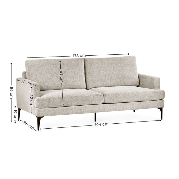 Beige sofa with dimensions labeled on a white background