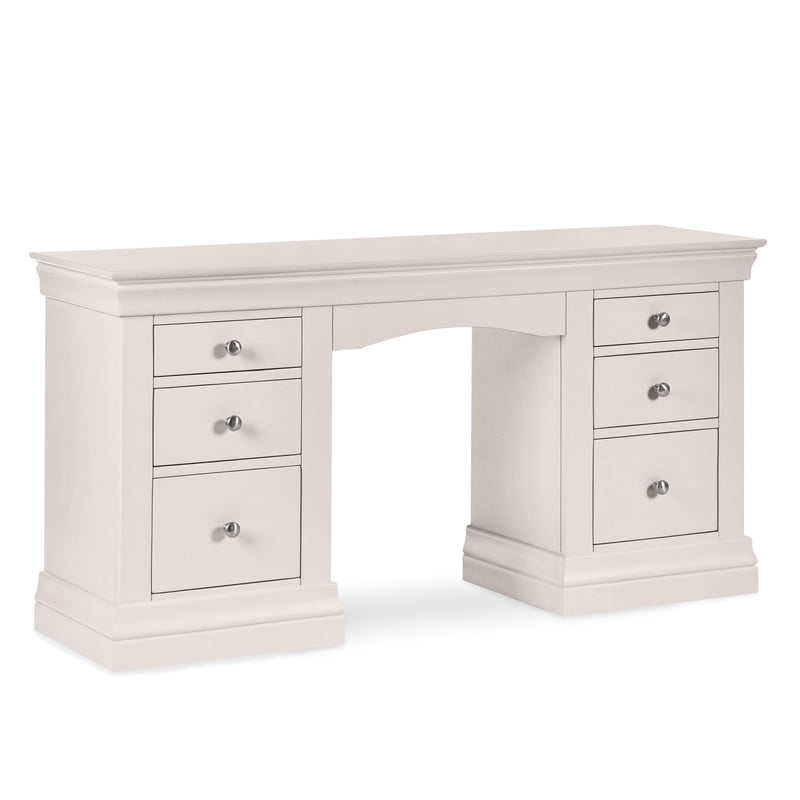 White desk with multiple drawers on a white background