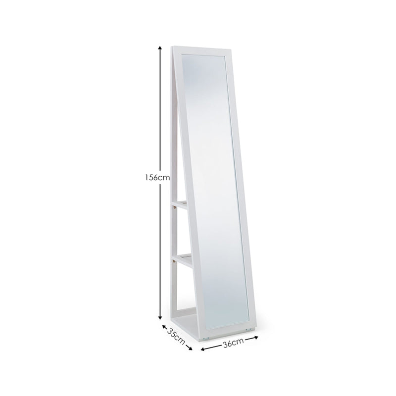 White standing mirror with dimensions on a white background